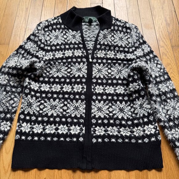Fair Isle Lauren Ralph Lauren Active Size XL Black White Full Zip Cardigan - Picture 3 of 13